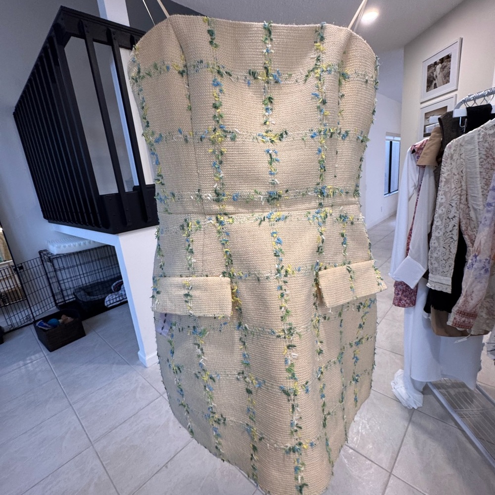 Amanda Uprichard Cream Strapless Tweed Mini Dress with Blue-Green Floral Trim